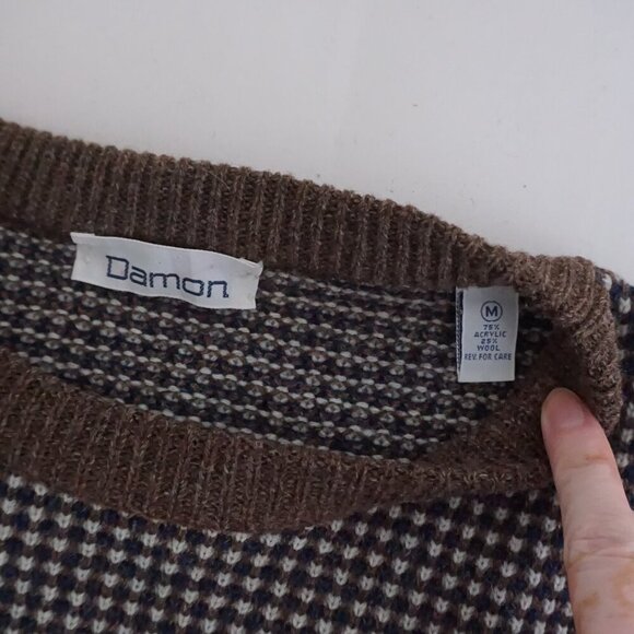 Vintage Damo Brown Micro Check Knit Textured Crewneck Pullover Sweater Neutral M - Picture 9 of 9